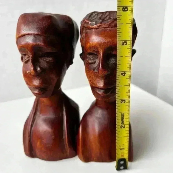 Vintage Hand Carved Wood Sculptures Man & Women Couple Bust African folk  art - Picture 6 of 6